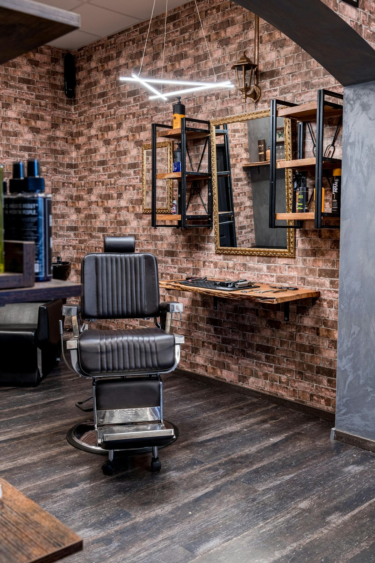 Interior of an independent small business, exposed brick and warm materials